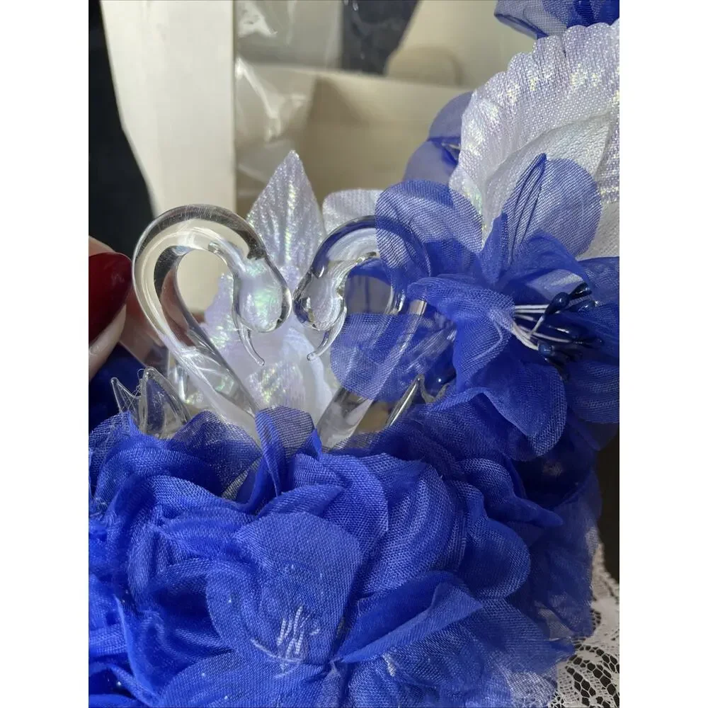 Vintage Elegant Wedding Blown Glass Heart swans Wedding Cake Topper Blue Flowers